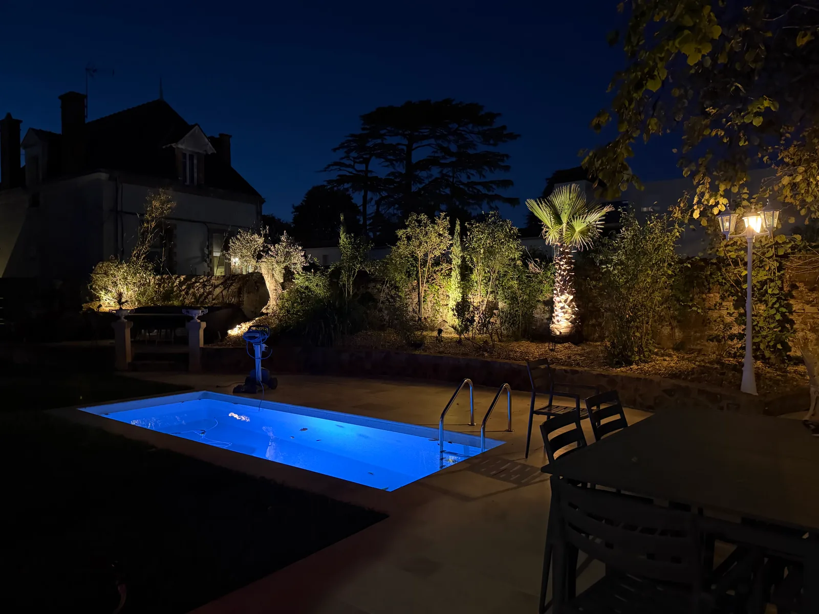 Éclairage extérieur d'un jardin et d'une piscine de nuit, spots au pied des massifs et du palmier, par GMaudet Elec